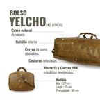 Bolso de viaje OLKI Yelcho verde musgo de cuero natural de vacuno con bolsillo interior, correa ajustable y costuras reforzadas. Capacidad 40 litros.