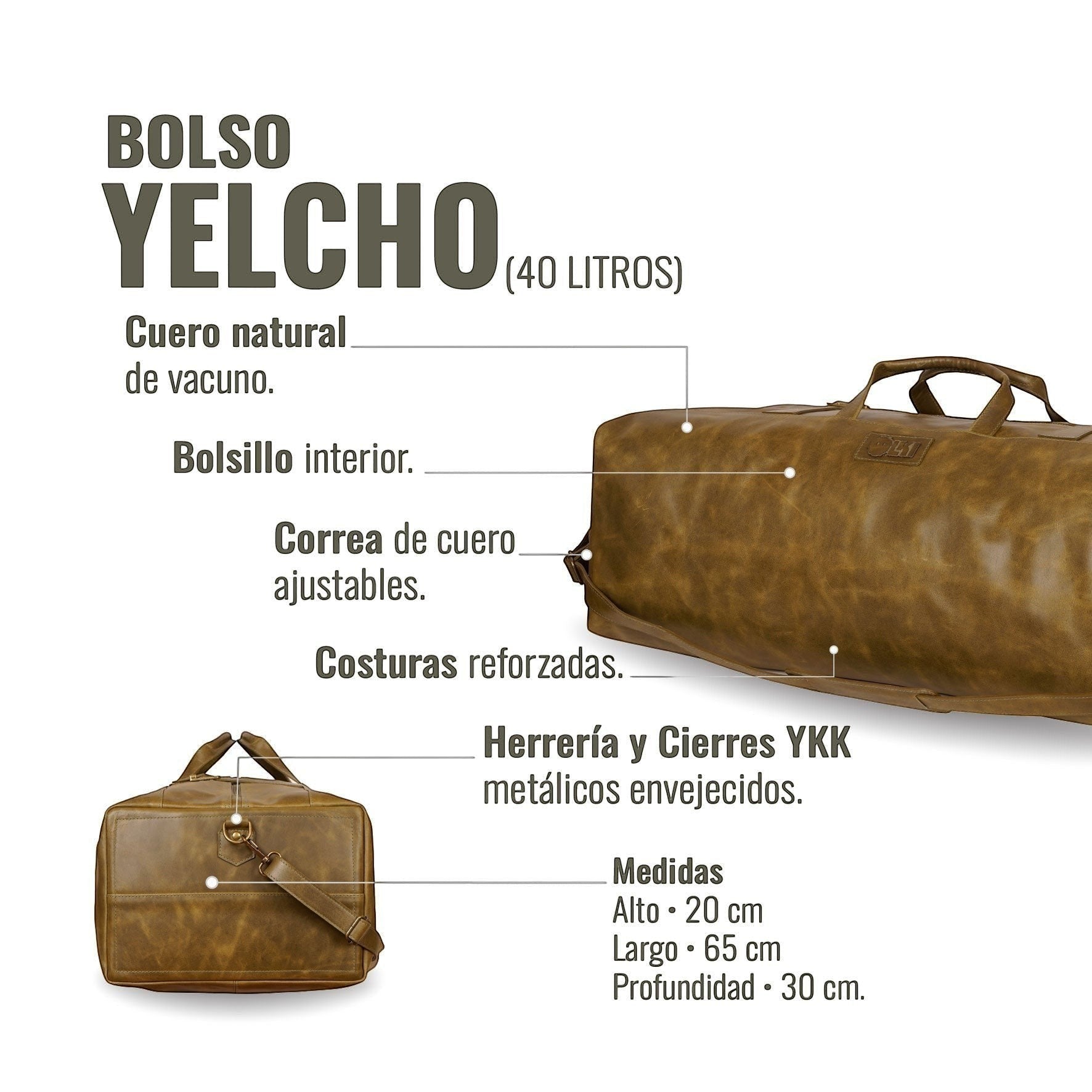Bolso de viaje OLKI Yelcho verde musgo de cuero natural de vacuno con bolsillo interior, correa ajustable y costuras reforzadas. Capacidad 40 litros.