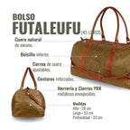 Bolso de viaje OLKI Futaleufu verde musgo de cuero natural con correas y detalles en cuero marrón. Capacidad 45 litros.