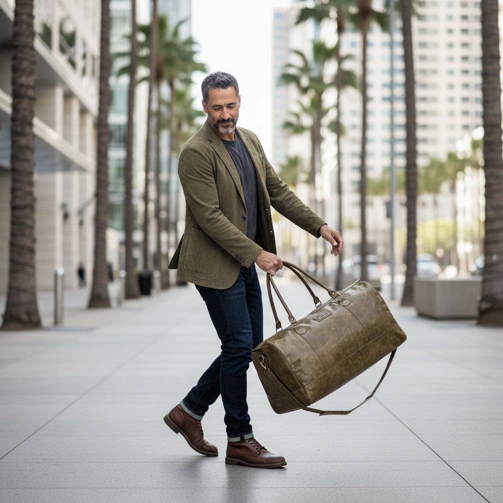 Bolso de viaje OLKI Futaleufu de cuero verde musgo con acabado envejecido, asas y correa ajustable. Ideal para escapadas.