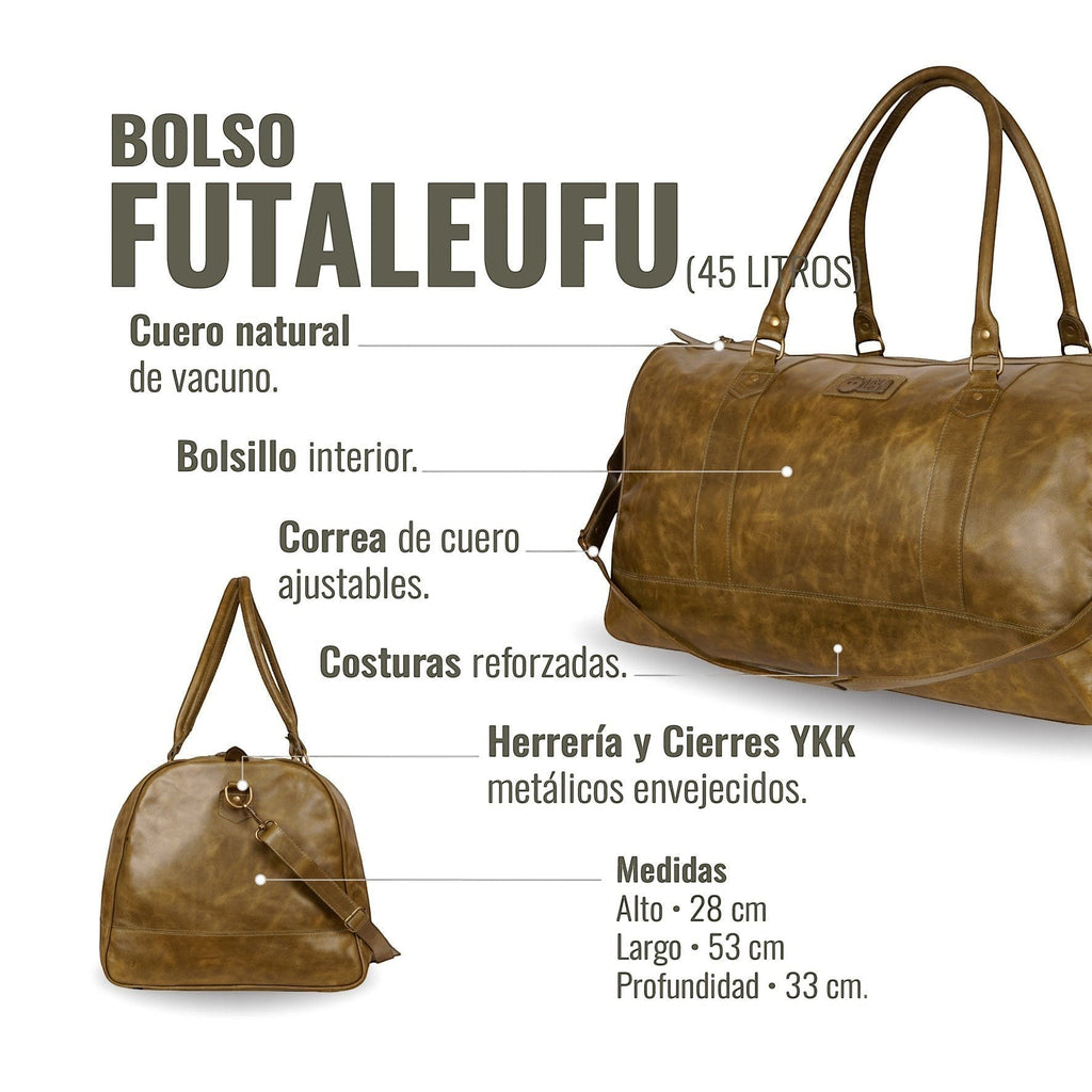 Bolso de viaje OLKI Futaleufu verde musgo de cuero de vacuno con correa ajustable y herrajes envejecidos. Capacidad 45L.
