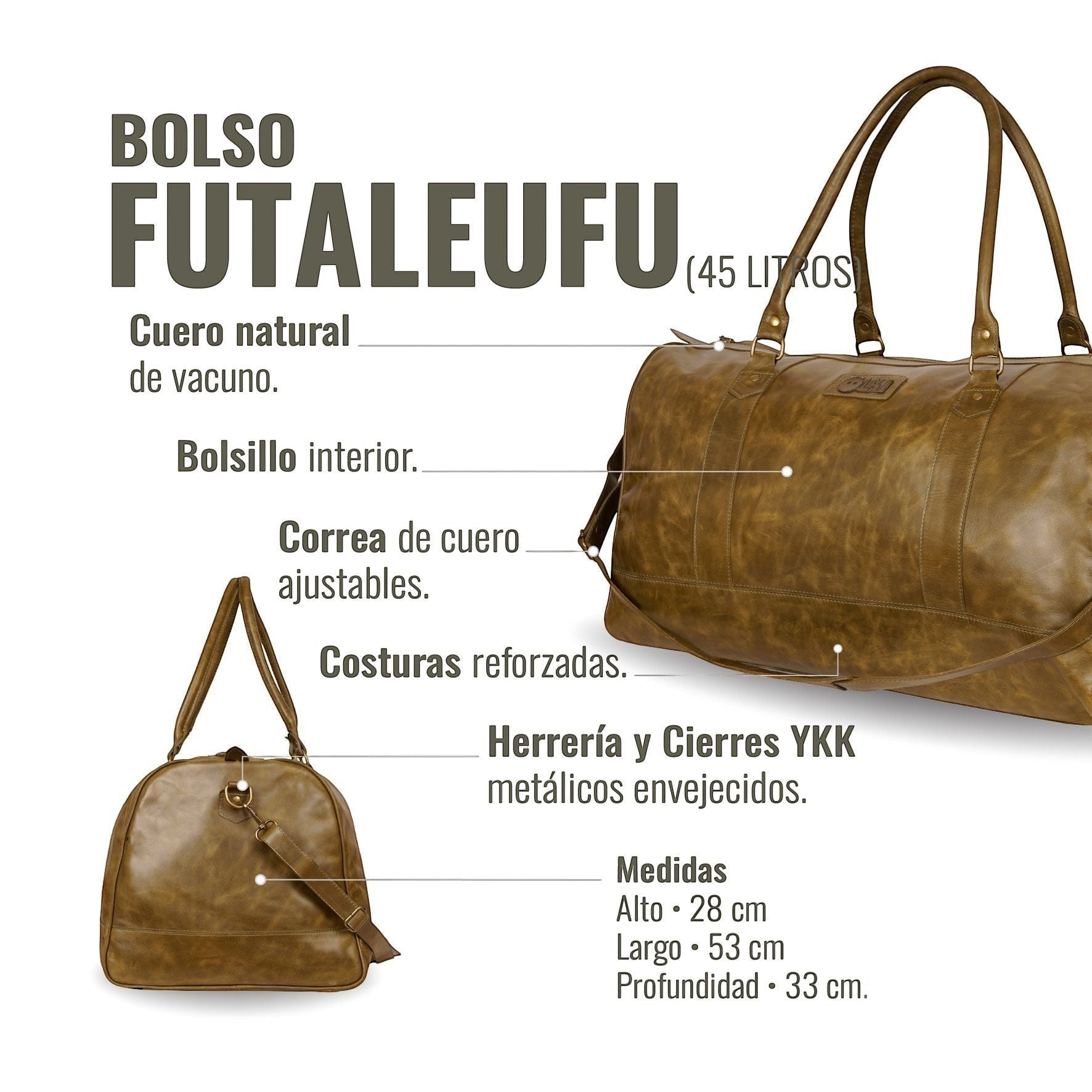 Bolso de viaje OLKI Futaleufu verde musgo de cuero de vacuno con correa ajustable y herrajes envejecidos. Capacidad 45L.