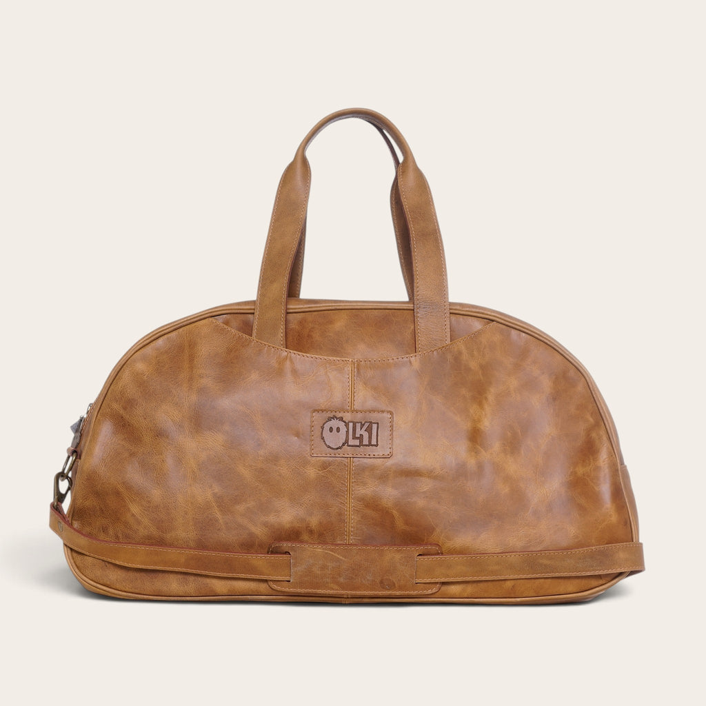 Bolso de viaje OLKI Baker en cuero genuino color café con asas y correa ajustable para escapadas de fin de semana