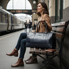 Bolso de viaje OLKI Futaleufu azul marino de cuero desgastado con asas superiores y correa de hombro, ideal para escapadas.