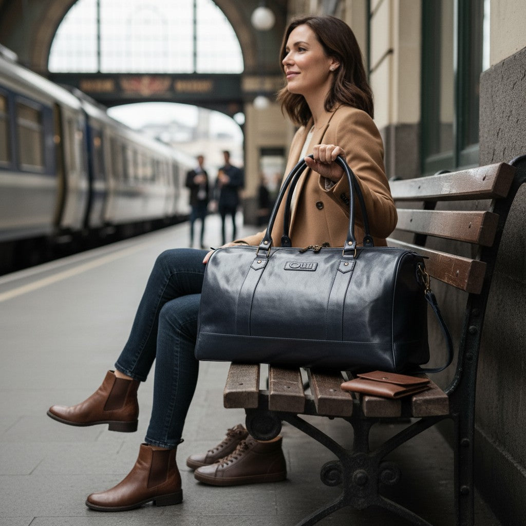 Bolso de viaje OLKI Futaleufu azul marino de cuero desgastado con asas superiores y correa de hombro, ideal para escapadas.