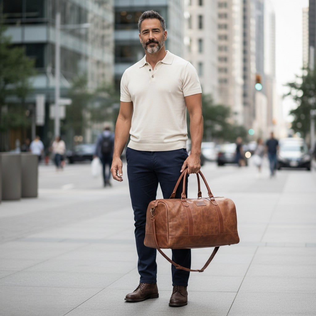Bolso de viaje OLKI Futaleufu Carmelo Combinado de cuero marrón con asas y correa desmontable.