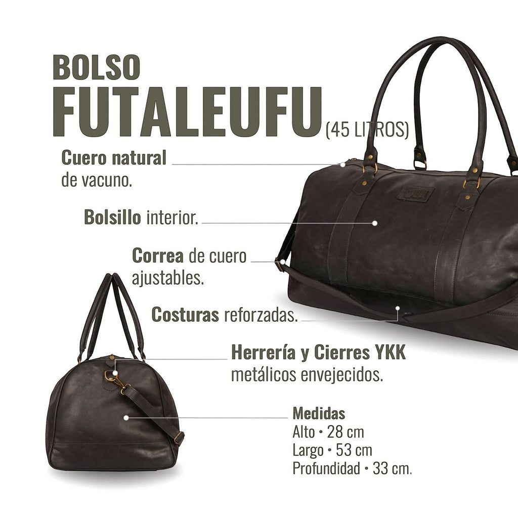Bolso de viaje OLKI Futaleufu negro de cuero vacuno con bolsillo interior, correa ajustable y costuras reforzadas. Capacidad 45L.