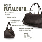 Bolso de viaje OLKI Futaleufu negro de cuero vacuno con bolsillo interior, correa ajustable y costuras reforzadas. Capacidad 45L.