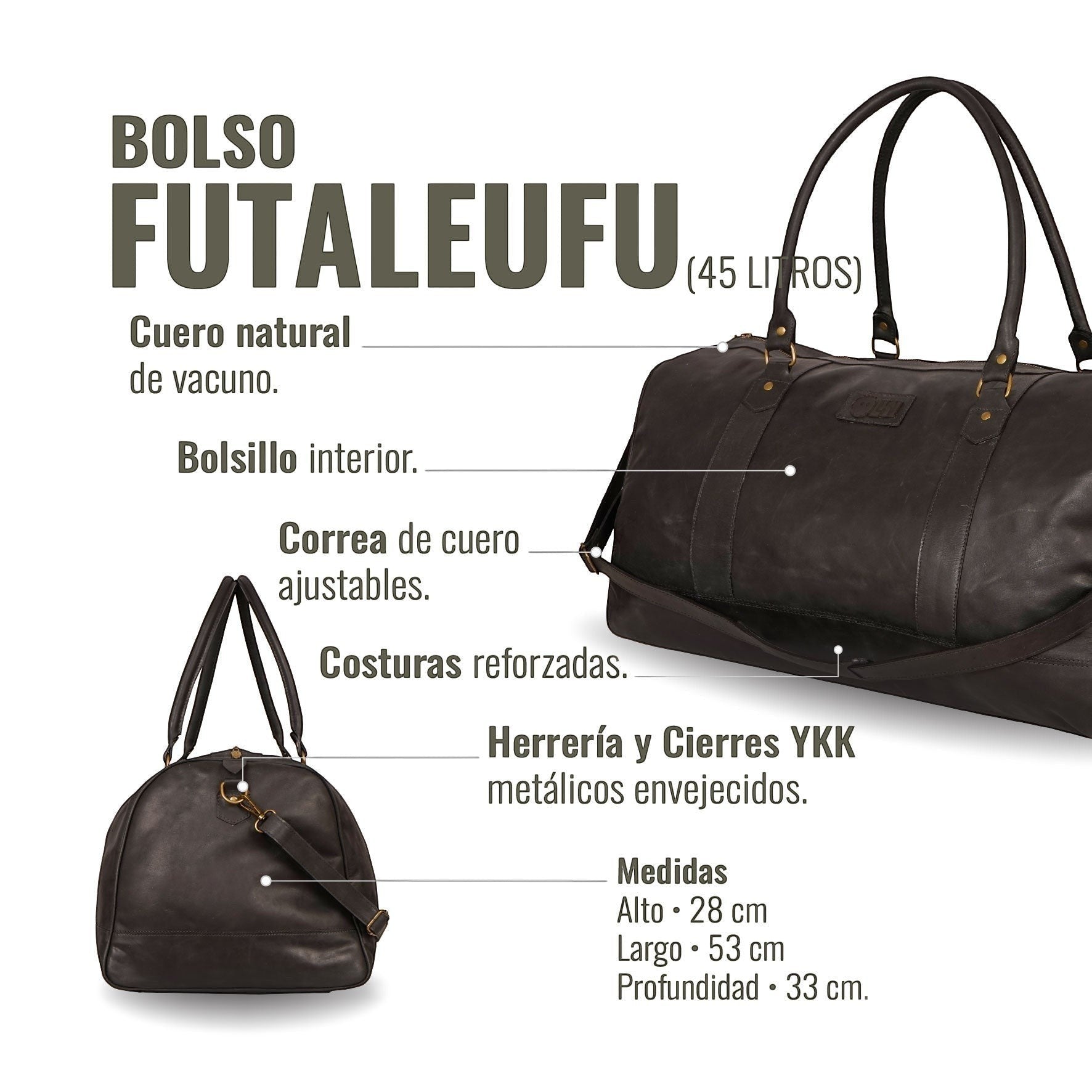 Bolso de viaje OLKI Futaleufu negro de cuero vacuno con bolsillo interior, correa ajustable y costuras reforzadas. Capacidad 45L.