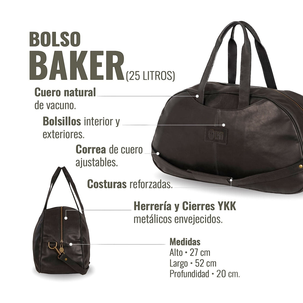 Bolso de viaje OLKI Baker negro de cuero natural de vacuno, con bolsillos interiores y exteriores, correa ajustable y costuras reforzadas. Cierre de cremallera YKK.