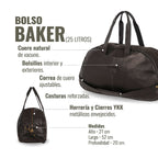 Bolso de viaje OLKI Baker negro de cuero natural de vacuno, con bolsillos interiores y exteriores, correa ajustable y costuras reforzadas. Cierre de cremallera YKK.