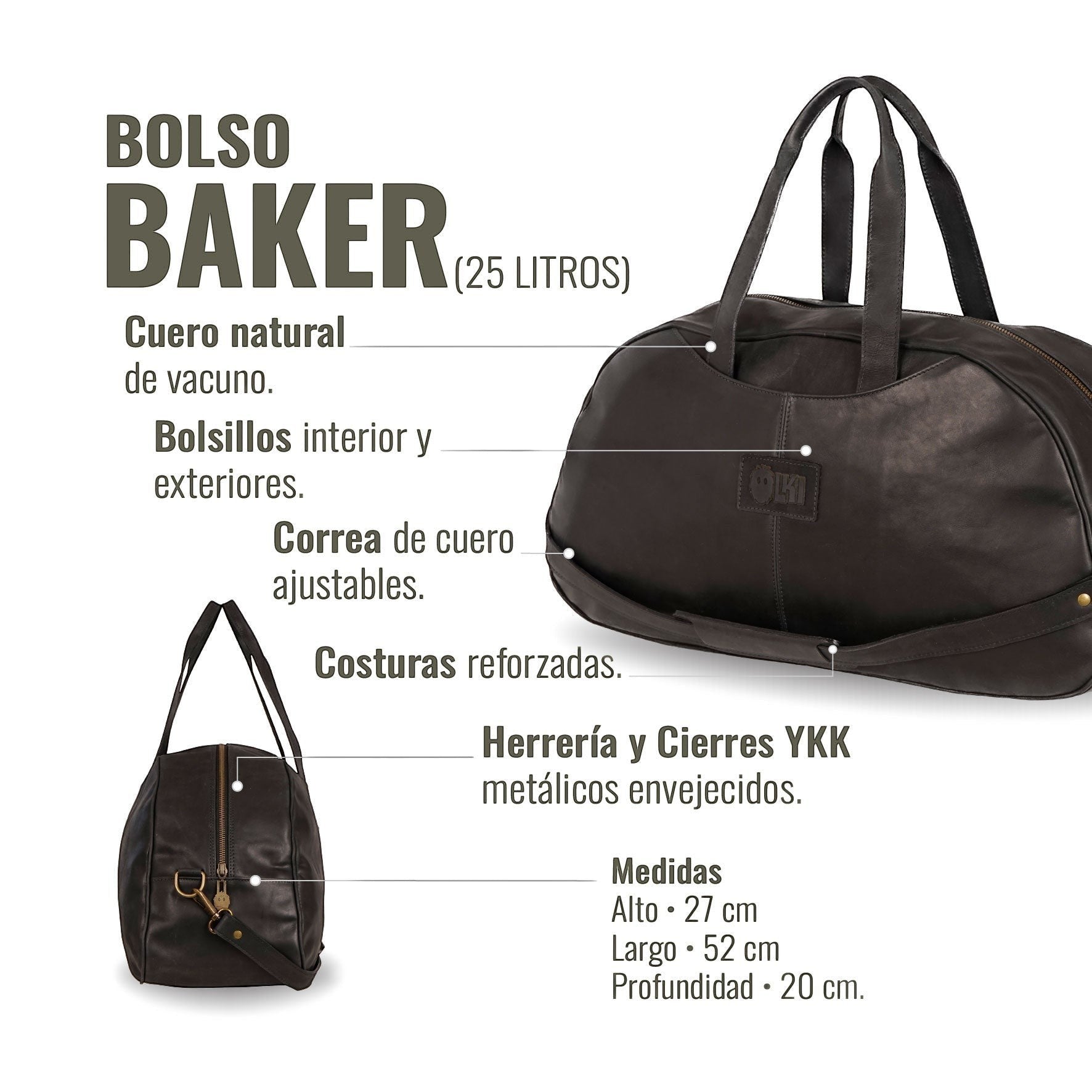 Bolso de viaje OLKI Baker negro de cuero natural de vacuno, con bolsillos interiores y exteriores, correa ajustable y costuras reforzadas. Cierre de cremallera YKK.