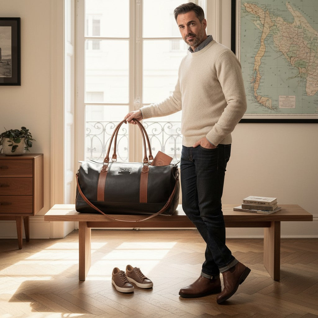 Bolso de viaje OLKI Futaleufu negro y marrón combinado, de cuero, estilo duffel con correas de mano y hombro.