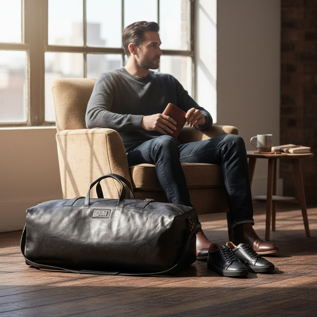 Bolso de viaje OLKI Yelcho negro de piel con asas y correa ajustable, ideal para escapadas.
