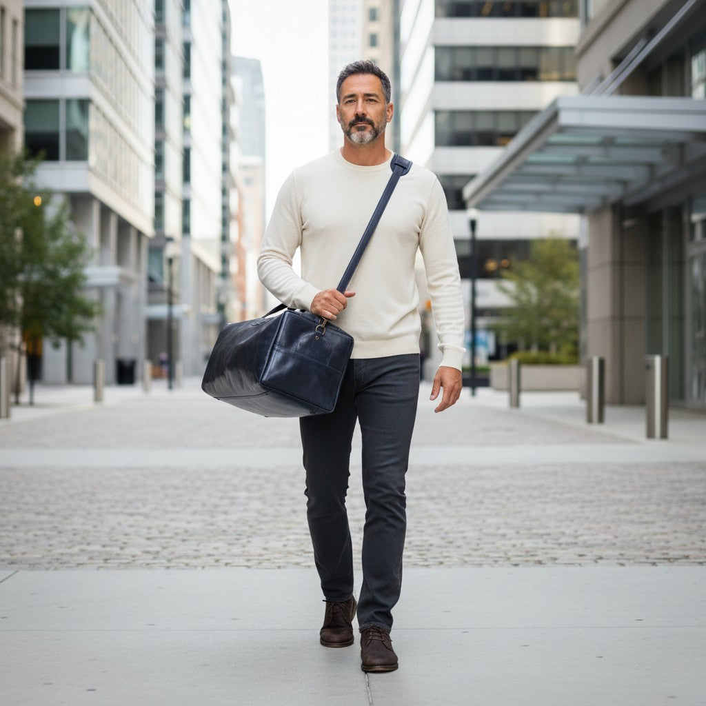 Bolso de viaje OLKI Yelcho azul marino de cuero con asas y correa ajustable, ideal para escapadas.