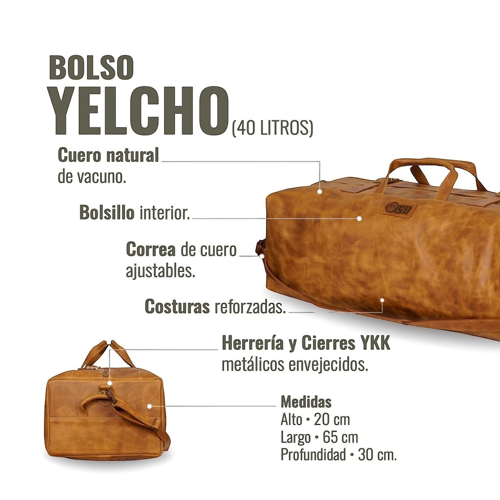 Bolso de fin de semana OLKI Yelcho en cuero color caramelo. Con asas superiores, correa ajustable y costuras reforzadas.