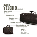 Bolso de viaje OLKI Yelcho negro de cuero natural de vacuno, 40 litros, con correa ajustable y herrajes envejecidos.