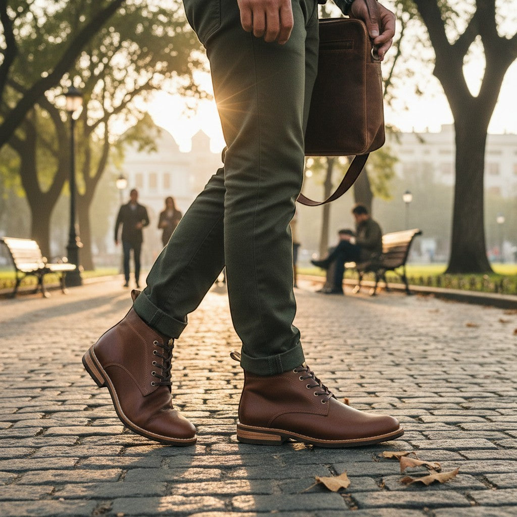 Botín Llaima Moka de cuero de vacuno para hombre de OLKI, con cordones y suela de caucho. Ideal para looks casuales y semiformales.