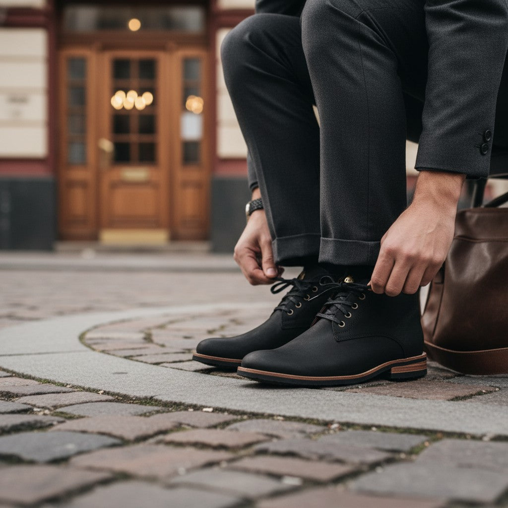 Botín Llaima negro de cuero de vacuno para hombre de OLKI, con cordones de algodón encerado y suela de caucho.