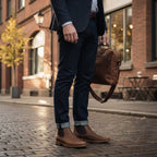 Botín Chelsea de cuero camel para hombre de OLKI con paneles elásticos laterales y suela de goma chocolate.