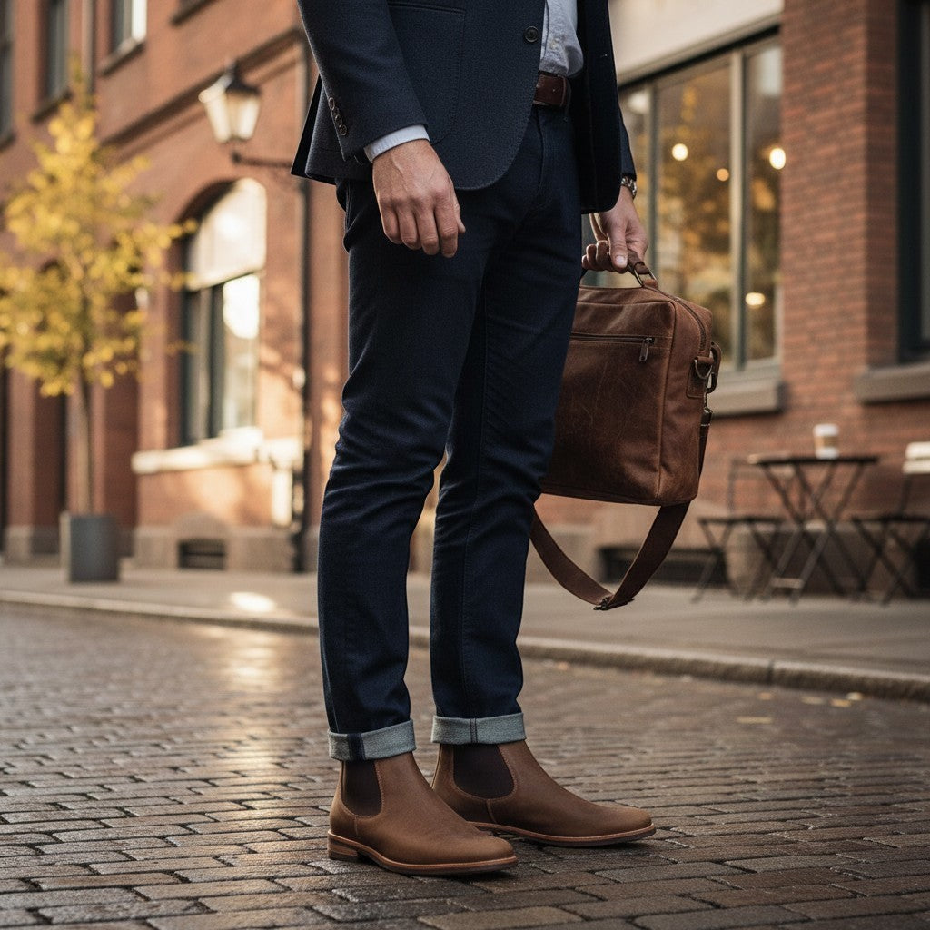 Botín Chelsea de cuero camel para hombre de OLKI con paneles elásticos laterales y suela de goma chocolate.