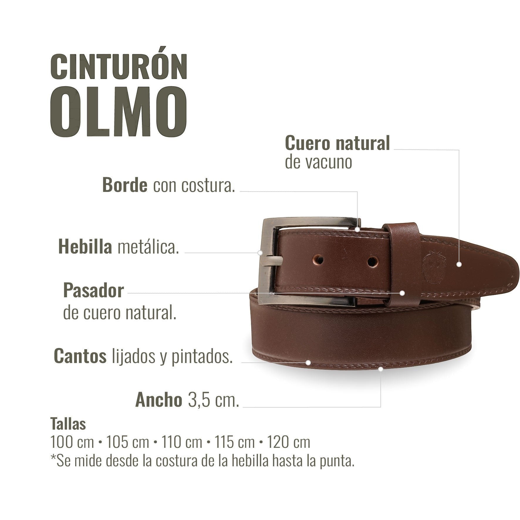 Cinturón OLMO de cuero natural de vacuno color chocolate con borde y pespuntes, hebilla metálica y pasador. Ancho 3,5 cm.