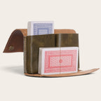 Estuche OLKI para dos mazos de cartas hecho de cuero natural color café con cierre de broche metálico