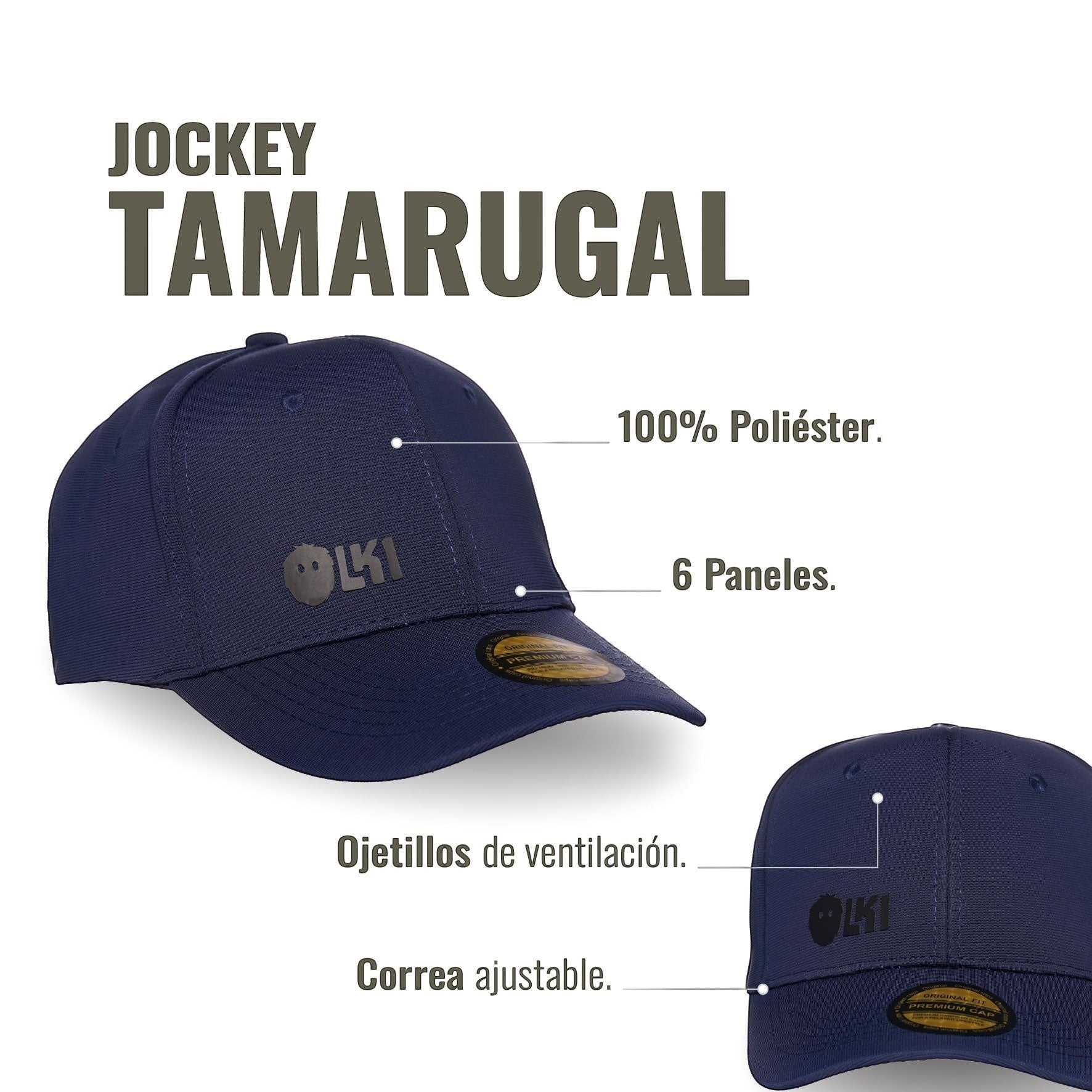 Gorra azul marino OLKI Tamarugal de poliéster 100% con 6 paneles, ojales de ventilación y correa ajustable.