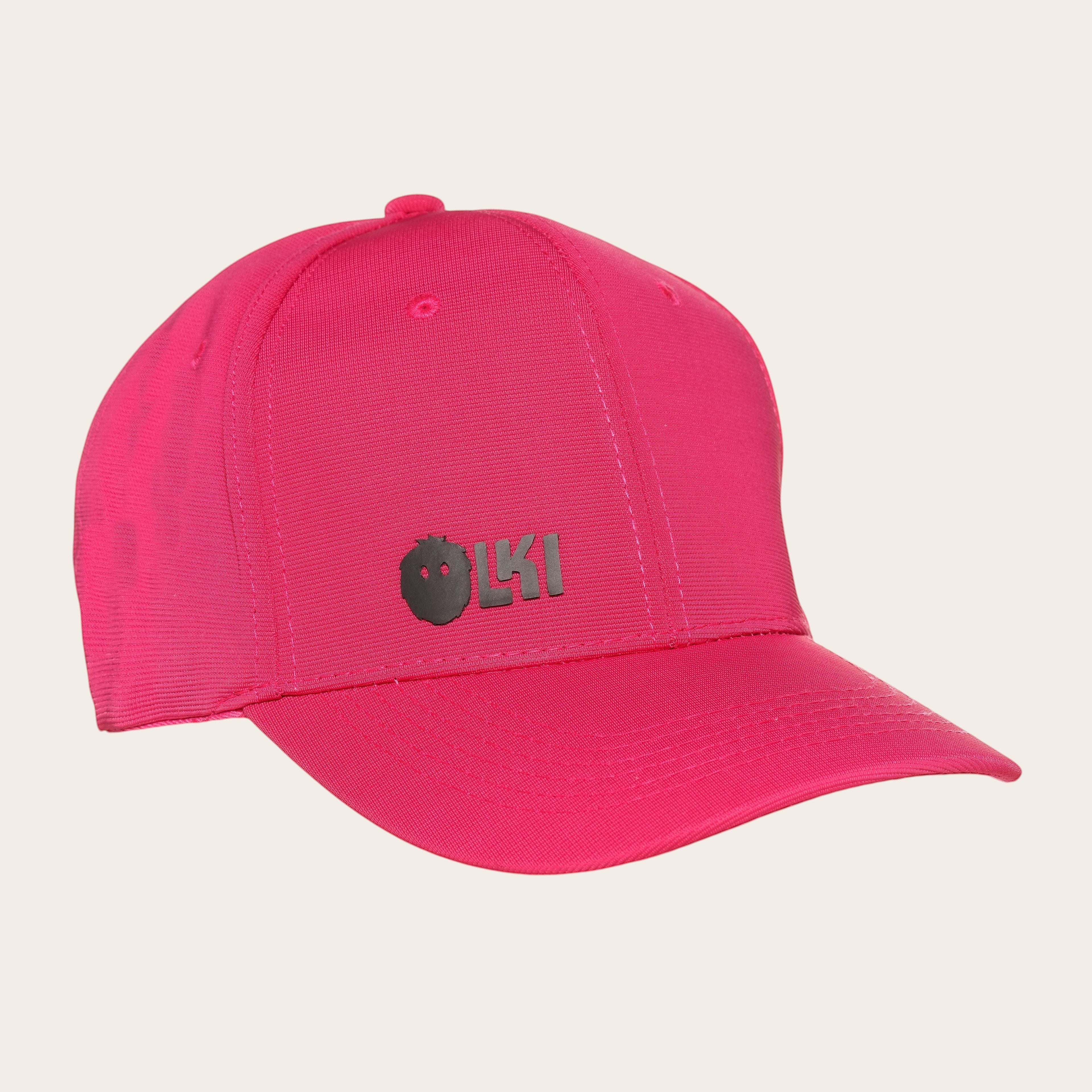 Gorra OLKI fucsia de tejido liso con visera curva y logo frontal en relieve. Estilo unisex.