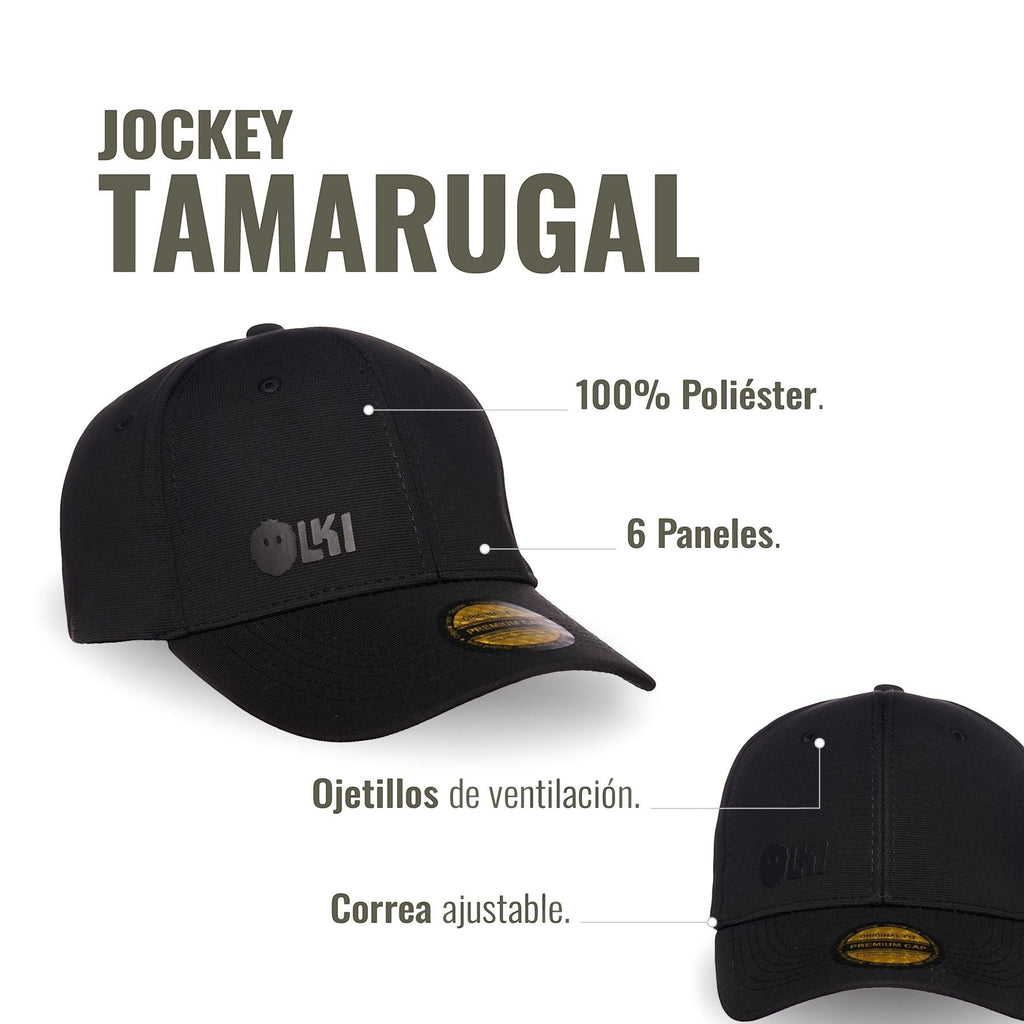 Gorra negra de poliéster 100% de OLKI con 6 paneles, logo en relieve y correa ajustable. Visera curva para protección solar.