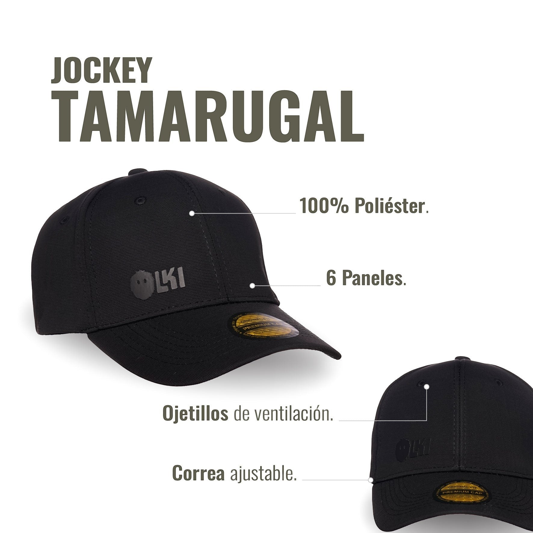 Gorra negra de poliéster 100% de OLKI con 6 paneles, logo en relieve y correa ajustable. Visera curva para protección solar.