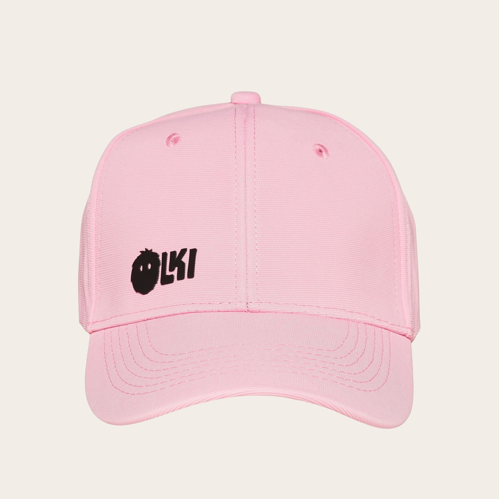 Gorra rosa de OLKI con logo frontal negro en relieve y visera curva. Estilo unisex.