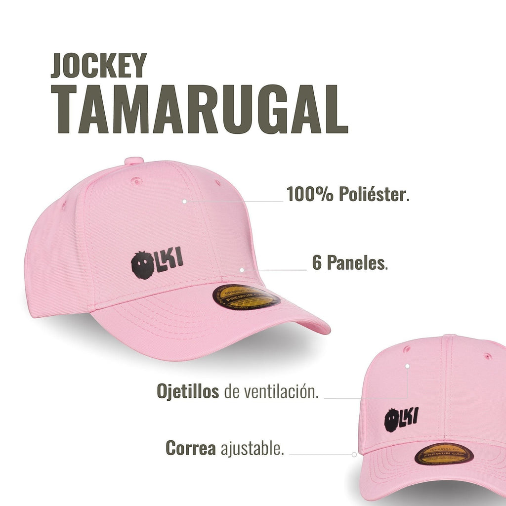Gorra rosa de poliéster 100% de OLKI con 6 paneles, visera curva, ojettillos de ventilación y correa ajustable.