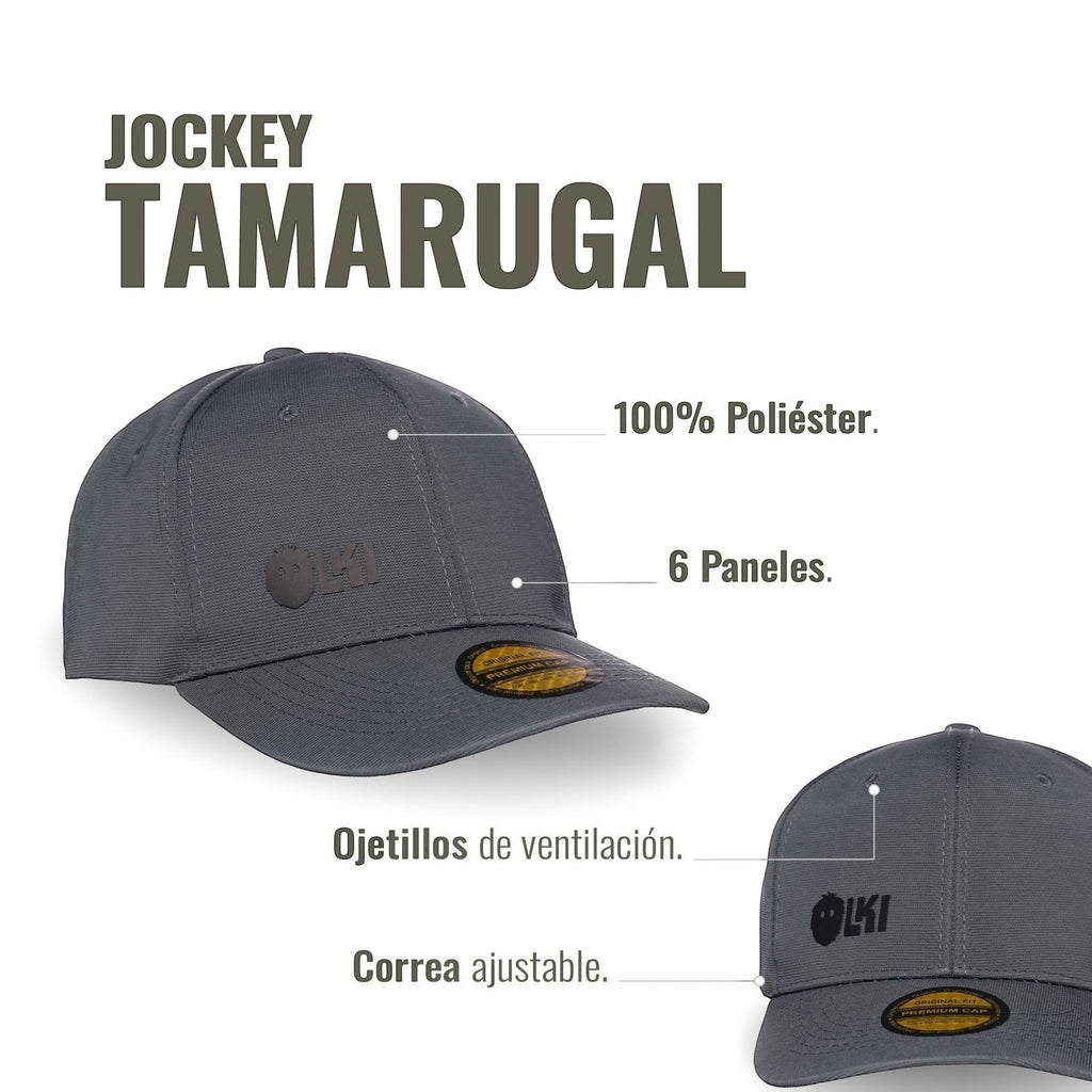 Gorra gris de poliéster 100% de OLKI con 6 paneles, visera curva y correa ajustable. Logo en relieve.