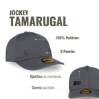 Gorra gris de poliéster 100% de OLKI con 6 paneles, visera curva y correa ajustable. Logo en relieve.