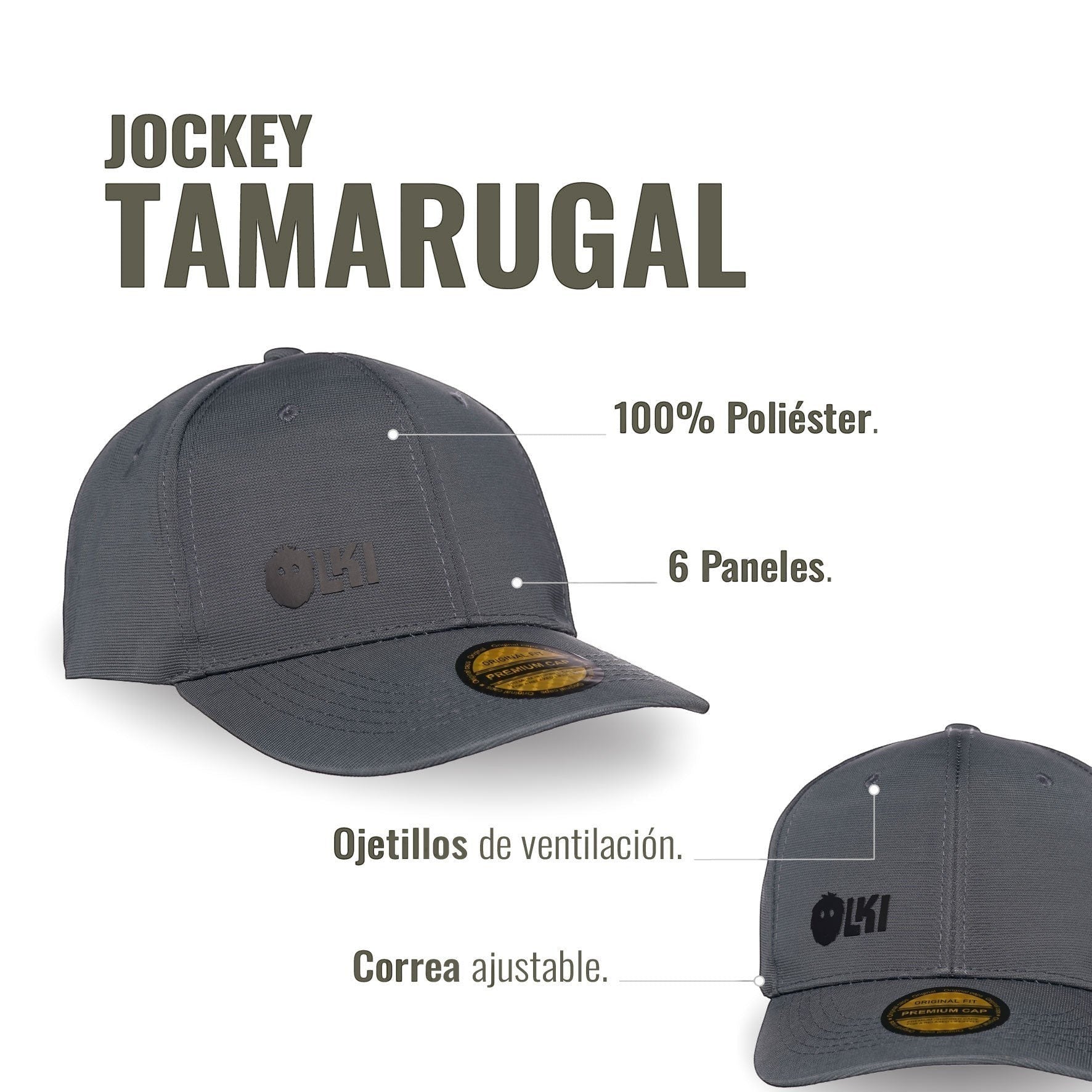 Gorra gris de poliéster 100% de OLKI con 6 paneles, visera curva y correa ajustable. Logo en relieve.
