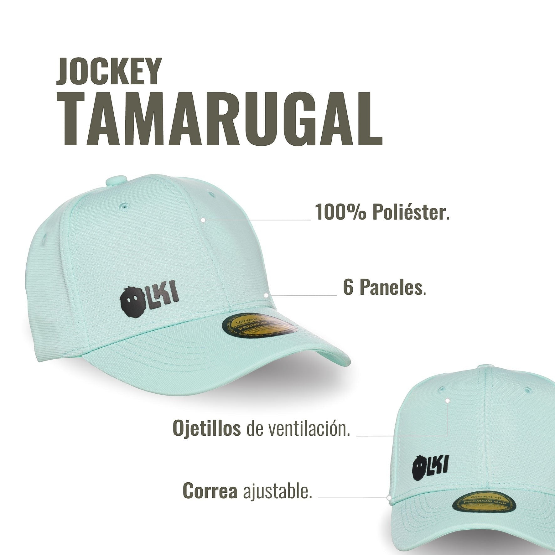 Gorra OLKI Tamarugal unisex de poliéster en color menta con logo frontal y visera curva.