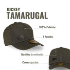 Gorra unisex OLKI Tamarugal verde de poliéster con 6 paneles, ojillos de ventilación y correa ajustable.
