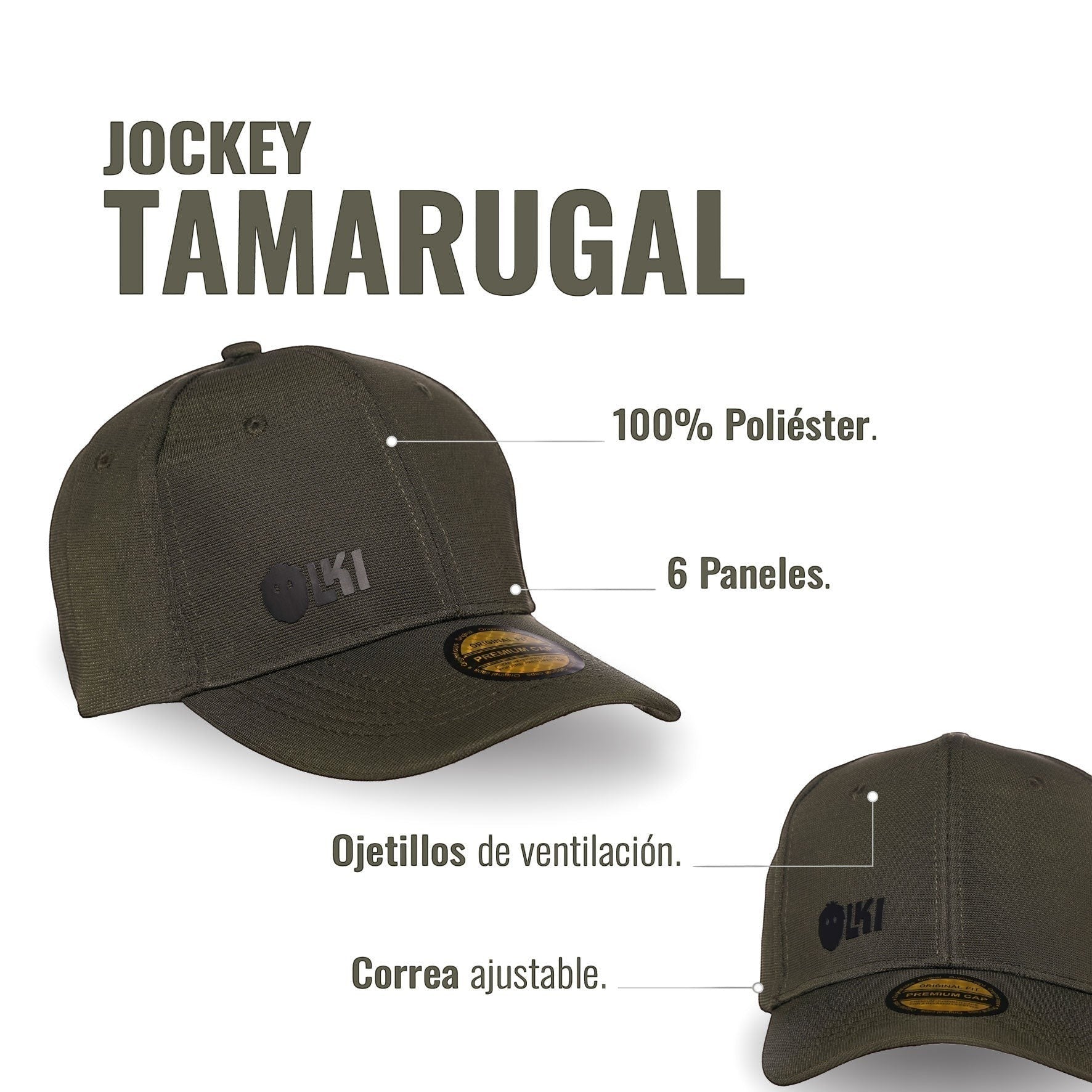 Gorra unisex OLKI Tamarugal verde de poliéster con 6 paneles, ojillos de ventilación y correa ajustable.
