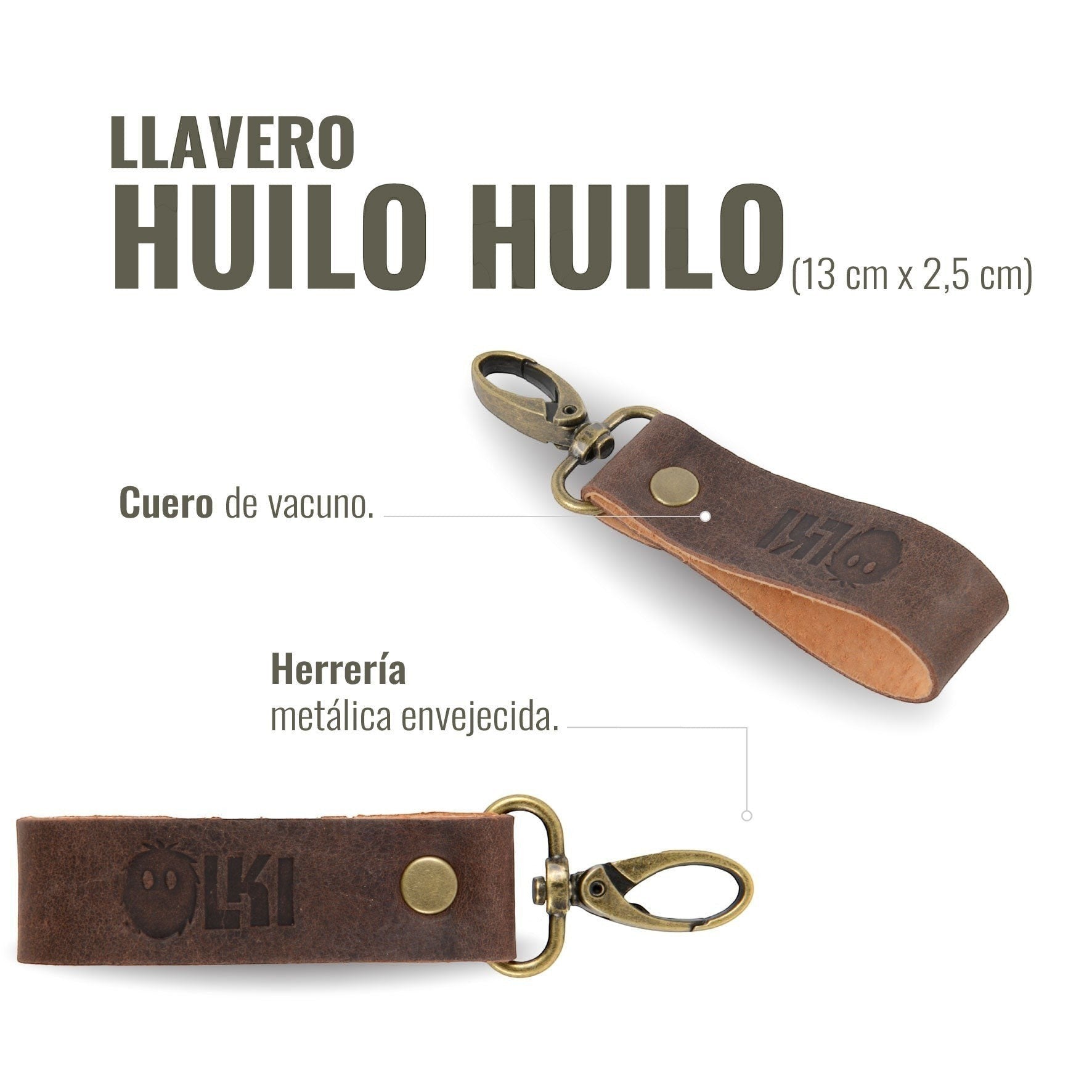 Llavero OLKI Huilo Huilo de cuero marrón con mosquetón de herrería metálica envejecida. Tamaño 13x2.5 cm.