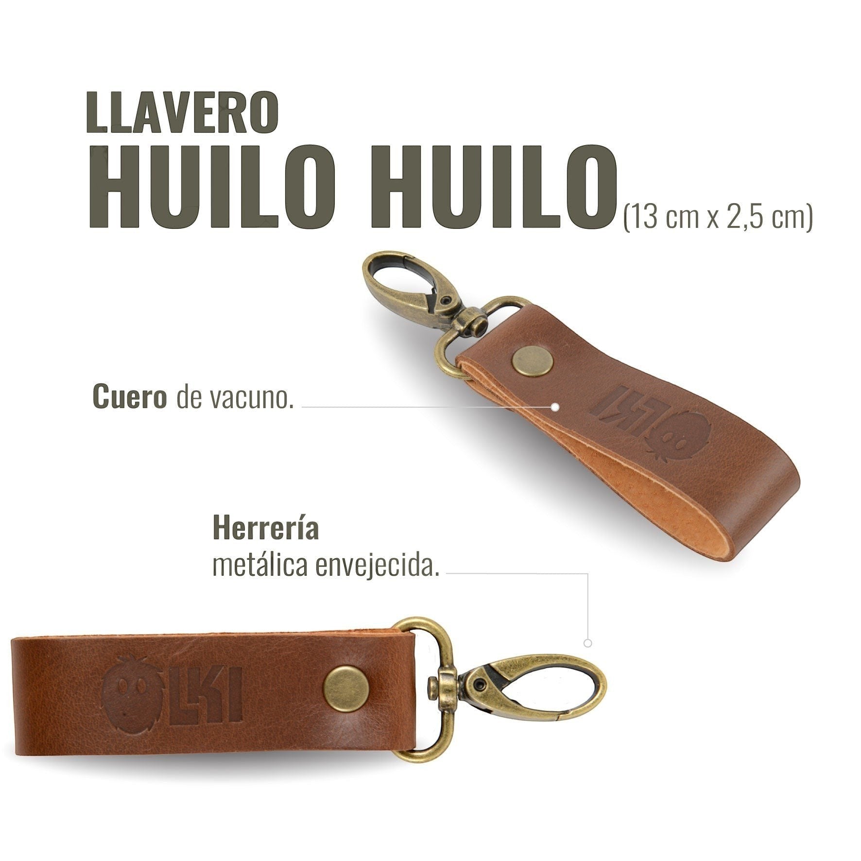 Llavero OLKI Huilo Huilo de cuero vacuno color habano con herrajes metálicos envejecidos y grabado del logo.