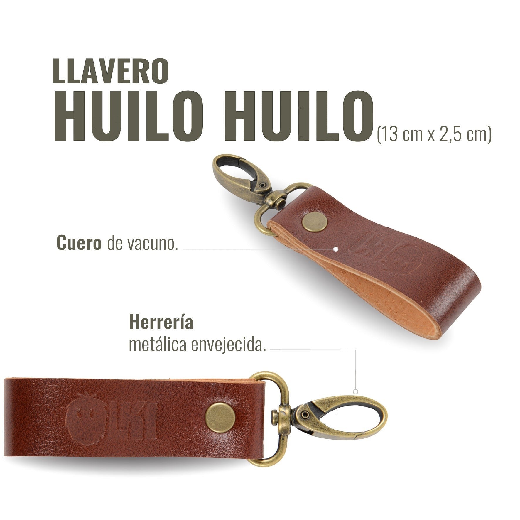 Llavero OLKI Huilo Huilo de cuero castaño con herrería metálica envejecida y mosquetón. Medidas 13x2,5 cm.