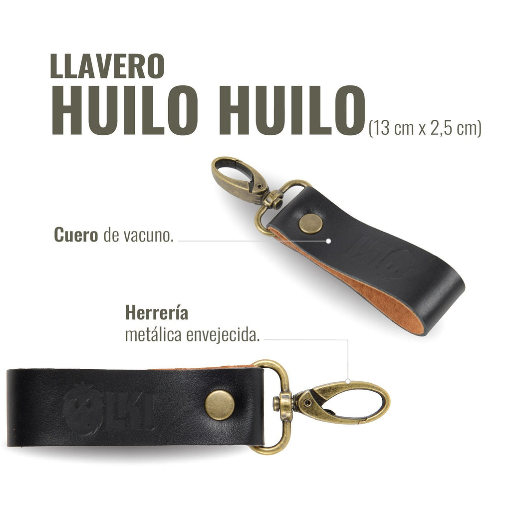 Llavero OLKI Huilo Huilo negro de cuero de vacuno con herrería metálica envejecida y mosquetón. Medidas 13x2,5 cm.