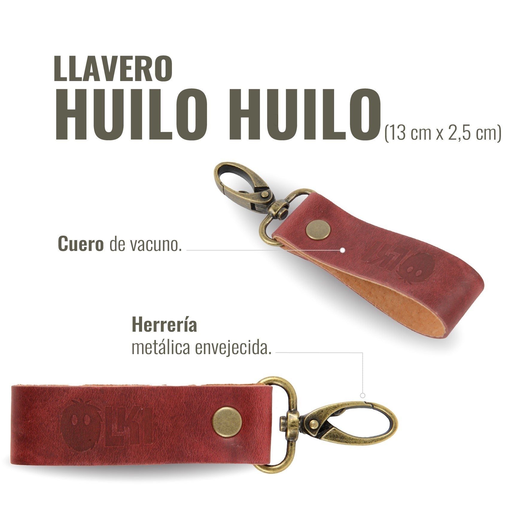 Llavero OLKI Huilo Huilo rojo de cuero de vacuno con mosquetón de latón envejecido y logo grabado. Mide 13 cm.