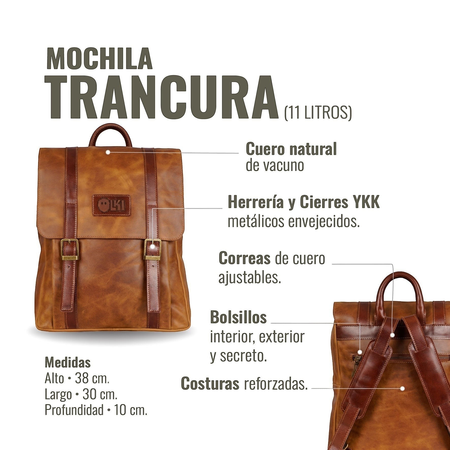 Mochila Trancura Caramel de OLKI en cuero natural de vacuno con correas ajustables.