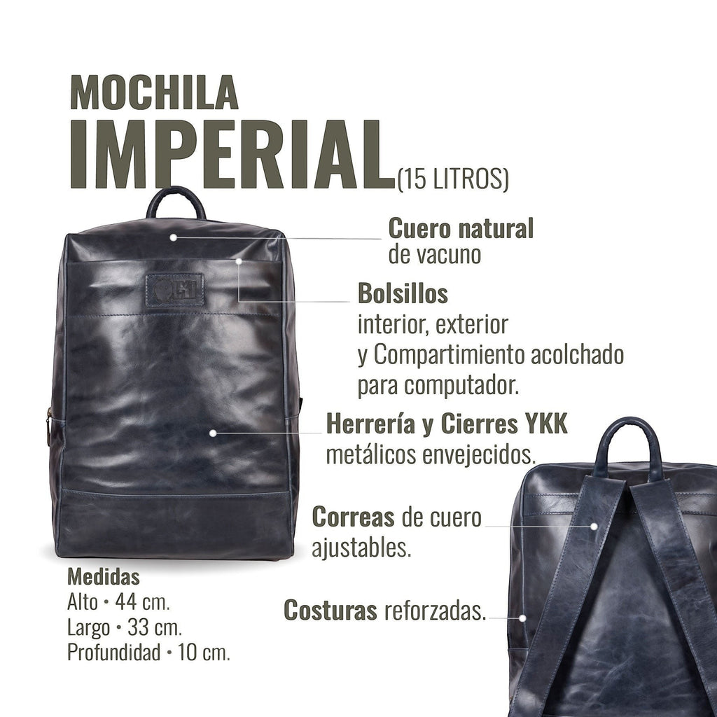 Mochila Imperial Azul de cuero de vacuno de OLKI, con compartimento acolchado para portátil y 15 litros de capacidad.
