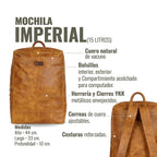 Mochila OLKI Imperial Caramel de cuero natural de vacuno, con compartimento para portátil y tirantes ajustables.