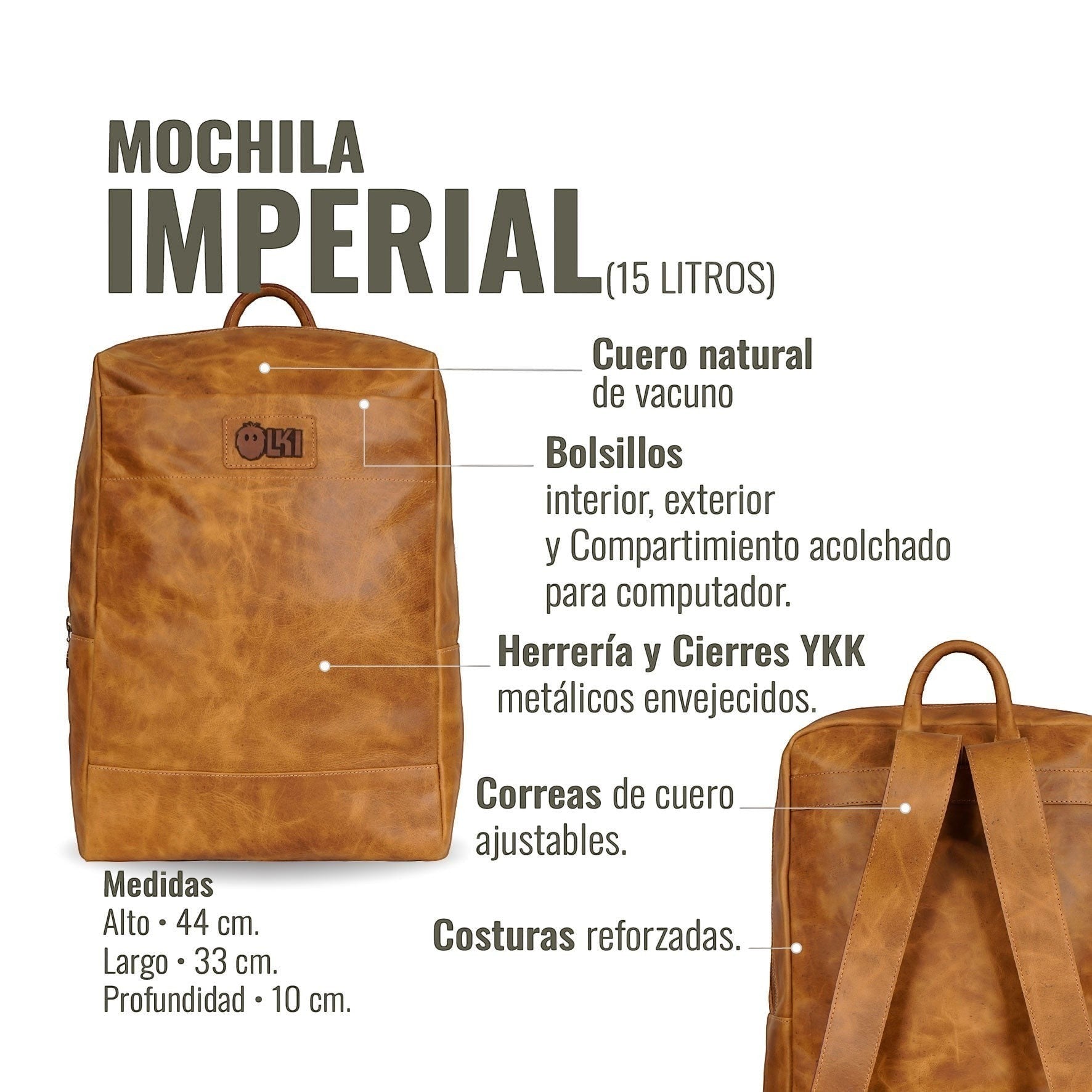 Mochila OLKI Imperial Caramel de cuero natural de vacuno, con compartimento para portátil y tirantes ajustables.