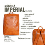 Mochila OLKI Imperial de cuero natural vacuno color coñac, 15 litros, con compartimento para portátil y bolsillos exteriores.