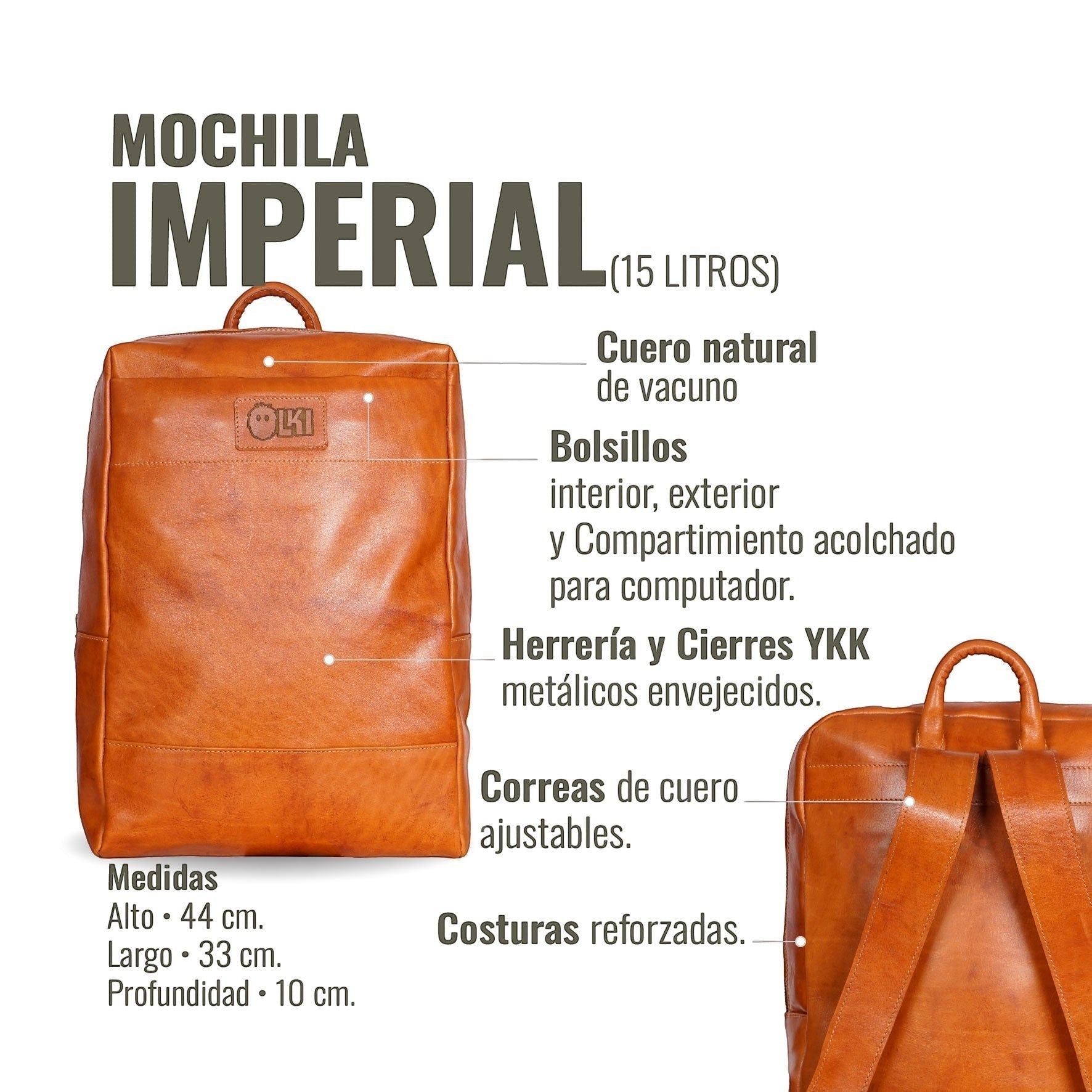 Mochila OLKI Imperial de cuero natural vacuno color coñac, 15 litros, con compartimento para portátil y bolsillos exteriores.